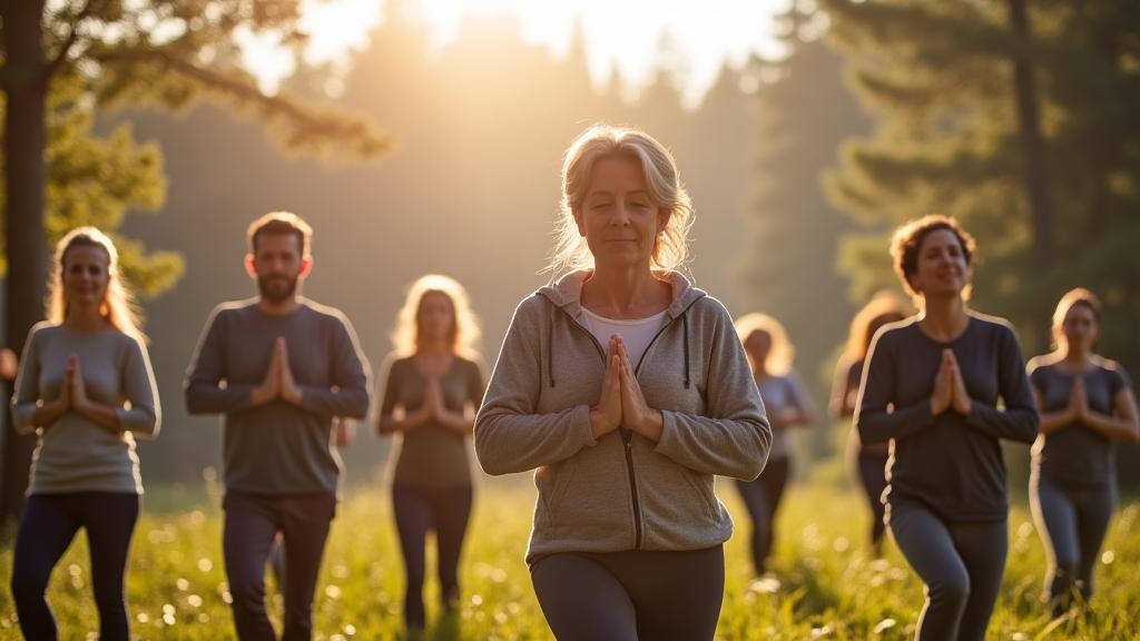 Diverse group of adults participating in a mindful movement class outdoors in Portland, reflecting holistic wellness