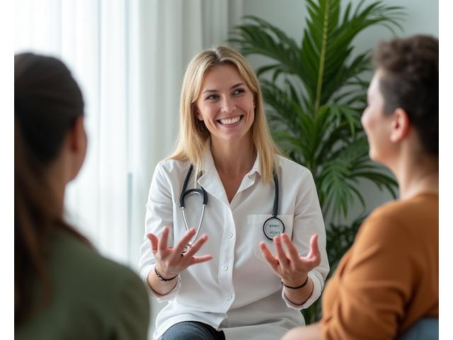A healthcare professional, likely a nutritionist or therapist, engaged in a group discussion, symbolizing expert moderation.