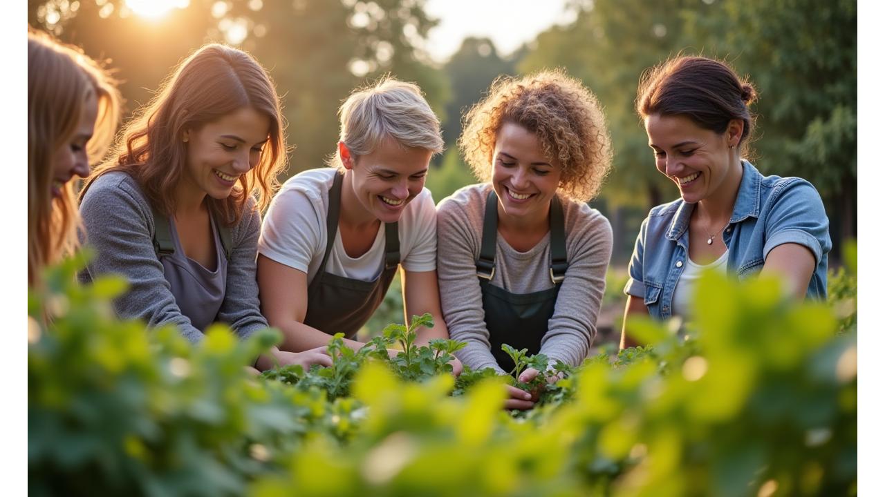 A diverse group of adults of various ages smiling and engaging in an outdoor community garden. They are gently tending to plants and sharing tips, creating a lively and supportive atmosphere. The lighting is natural and warm.