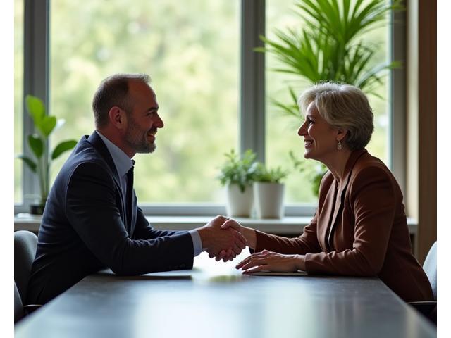 Two diverse professionals shaking hands in a bright, modern office, symbolizing partnership and corporate wellness