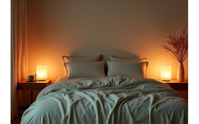 A serene bedroom scene at dusk with soft lighting, hinting at a peaceful sleep routine.