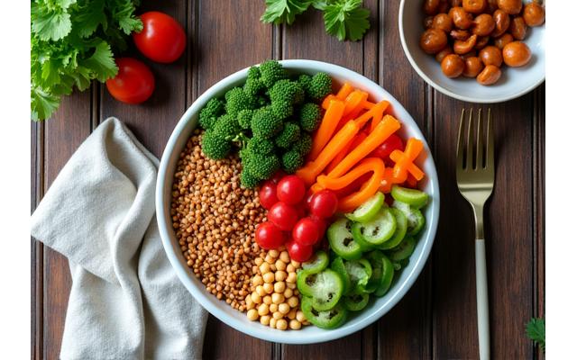 Overhead view of a vibrant, healthy plant-based meal on a wooden table.