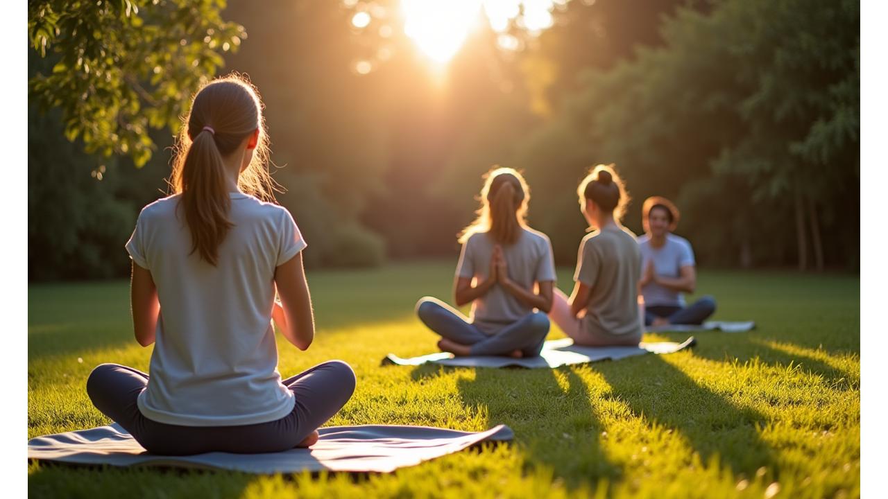 Diverse group of adults, 35-50, engaged in calm, healthy activities like mindful walking in a nature park, gentle yoga, and a relaxed discussion over herbal tea. Soft, natural light.