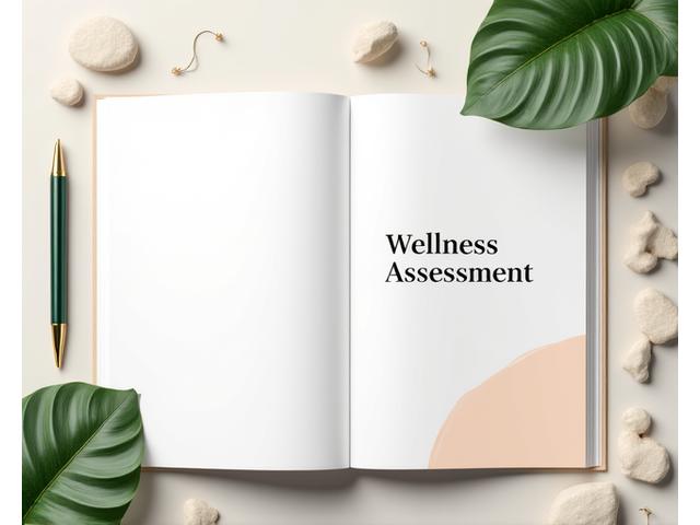 Illustration of a wellness assessment workbook and pen.