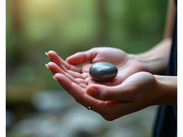 Stylized image of calm hands holding a small, smooth intention stone.