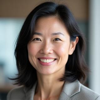Professional headshot of Sarah Chen, a certified mindfulness instructor, with a warm, empathetic expression. Lighting is soft and inviting, suggesting calm and wisdom.