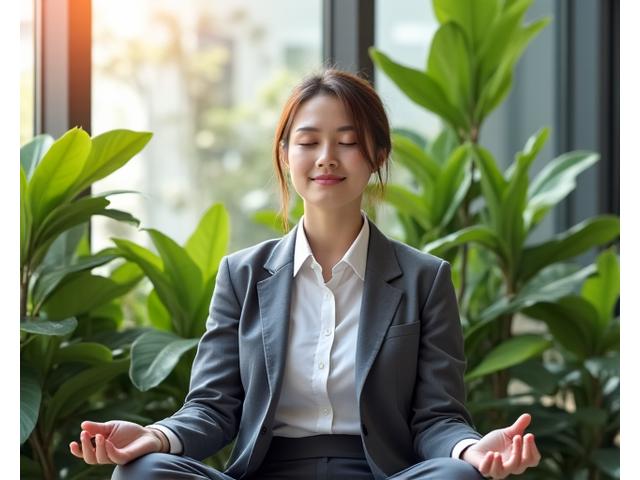 A person finding a moment of calm, subtly meditating during a brief workday break, perhaps in an office garden or a quiet corner, emphasizing quick and easy practice.