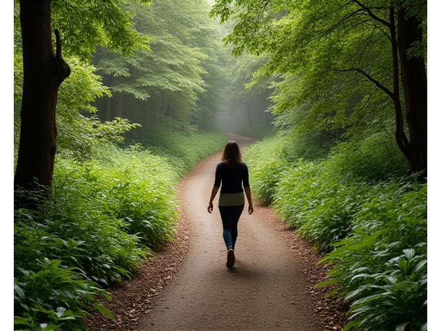 A person mindfully walking along a path in a lush, green public park in Portland, perhaps Forest Park or Washington Park, with soft focus on their movement and the natural surroundings, suggesting a harmonious blend of nature and practice.