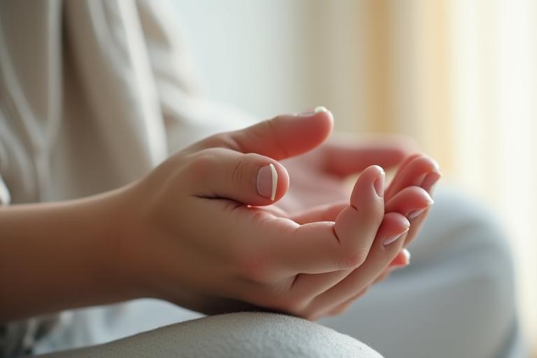 Close-up on hands calmly resting, illustrating a breathing exercise, perhaps with a subtle visual cue of rhythmic expansion and contraction, set in a peaceful, uncluttered environment.