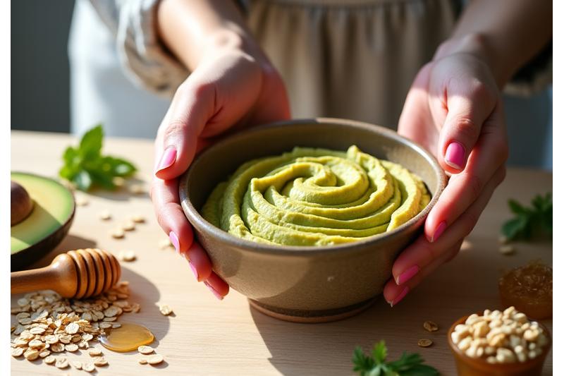 A close-up of hands mixing ingredients in a bowl to create a DIY face mask, with fresh avocado, honey, and oats visible on a rustic wooden table, emphasizing natural, homemade beauty.