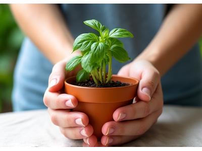 Hands tending a small potted plant, symbolizing sustainable practices and growth.