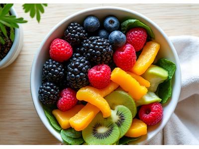 A bowl of vibrant, fresh fruits and vegetables, symbolizing healthy nutrition.