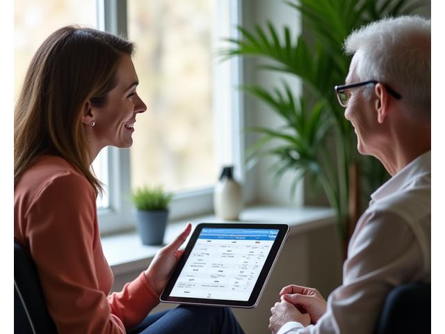 A professional wellness coach discussing a personalized health plan with a busy adult client on a tablet, with a serene and organized office background.