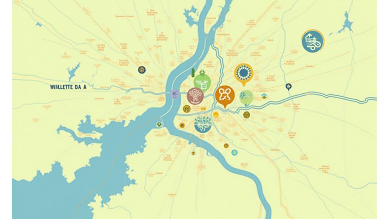 An illustrative map of Portland, Oregon, dotted with eco-friendly icons representing various sustainable resources: zero-waste stores, farmers markets, repair shops, and community gardens. The map has a warm, inviting aesthetic.