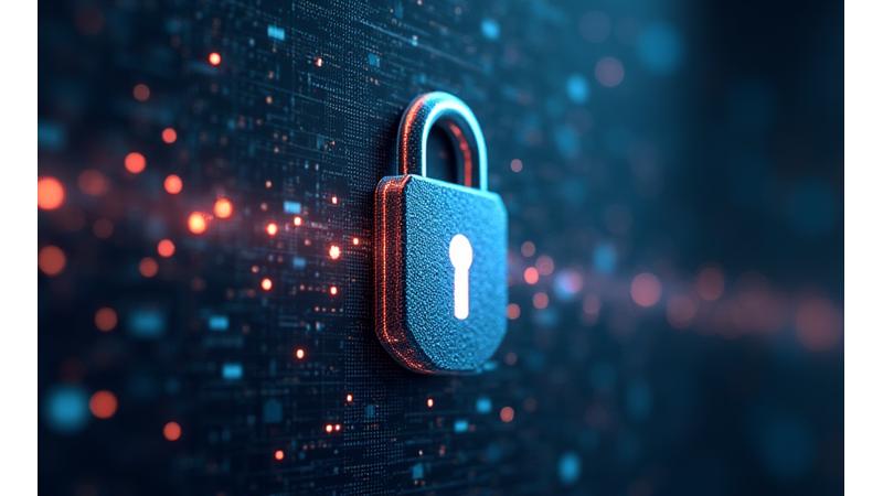 Illustration of a stylized secure digital lock with abstract lines and nodes representing encrypted data flow, set against a calming green and teal background. Symbolizes robust data protection.