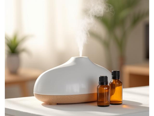A sleek, minimalist aromatherapy diffuser emitting a gentle mist, surrounded by various essential oil bottles, creating a tranquil atmosphere.