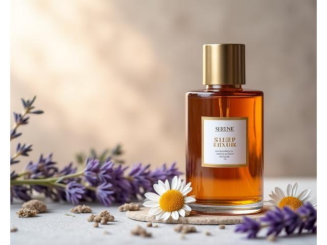 Elegant amber bottle of 'Serene Sleep Elixir' with natural ingredients like lavender and chamomile, on a smooth, understated background.