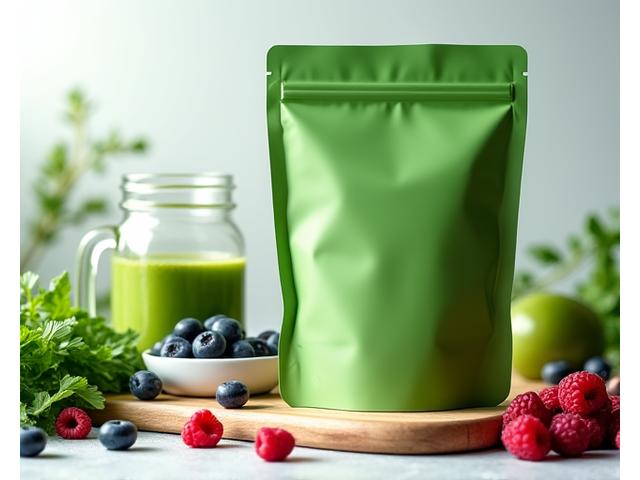 Vibrant green superfood powder in a sustainable pouch, alongside fresh fruits and a smoothie glass, indicating health and energy.