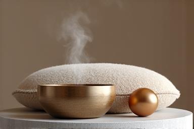 A serene meditation cushion, singing bowl, and essential oil diffuser on a clean, calming surface.