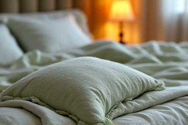 A cozy bedroom setting with soft lighting, a weighted blanket, and a sleep mask, conveying relaxation.