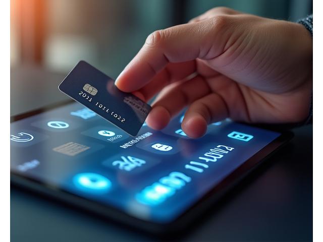 Close-up on a hand holding a credit card over a digital tablet displaying secure payment icons, signifying transparent financial transactions.