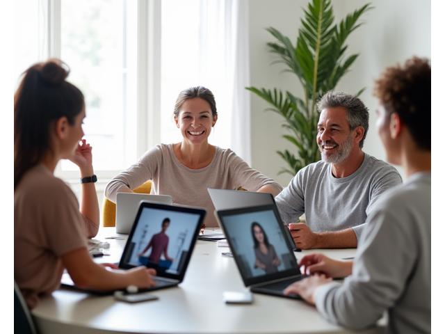 Diverse adults engaging in a lively virtual wellness community on various devices, showing connection and support.