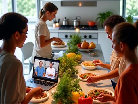 A diverse group of adults intently watching a chef on a large video screen, while chopping vegetables and preparing food in their own kitchens, symbolizing an online cooking class.