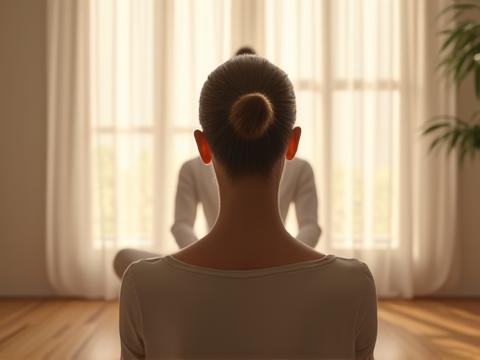 A serene person sitting in a comfortable armchair, eyes closed, meditating, with a gentle glow and soft, natural light, symbolizing mindfulness.