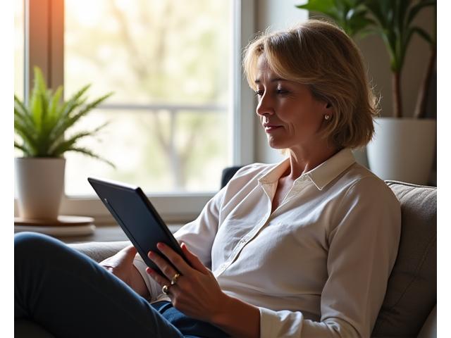 A person casually reading a wellness blog on a tablet, surrounded by natural light and a subtle plant, conveying ease and modern lifestyle.
