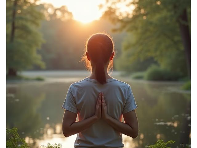 A person practicing meditation outdoors in a serene, natural setting.