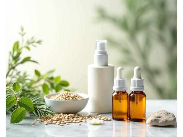 Herbal remedies and natural skincare products arranged on a wooden surface.