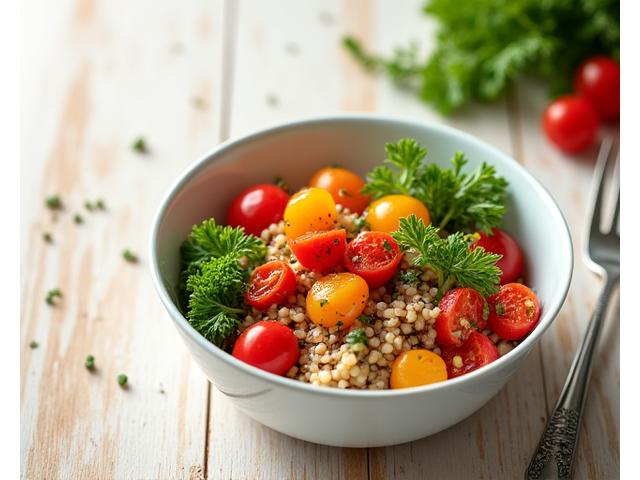 A vibrant bowl of fresh, healthy ingredients on a wooden table.