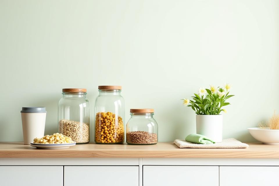 An organized, sparkling clean kitchen counter featuring glass jars filled with bulk dry goods like pasta and grains, a reusable coffee cup, and a compost bin next to a small, nearly empty trash can, demonstrating successful zero-waste practices.
